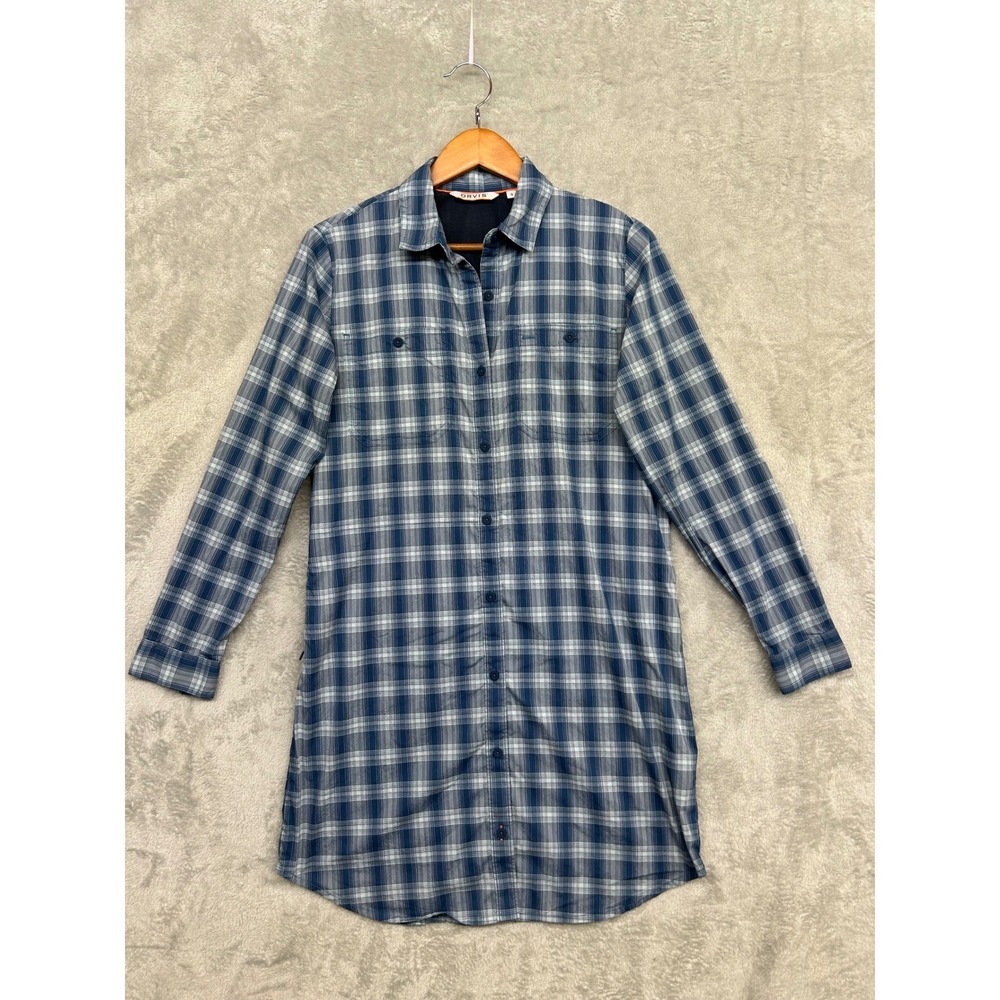 Orvis River Guide Plaid Shirt Dress Women Small Blue Side Zip Pocket EUC UPF 30
